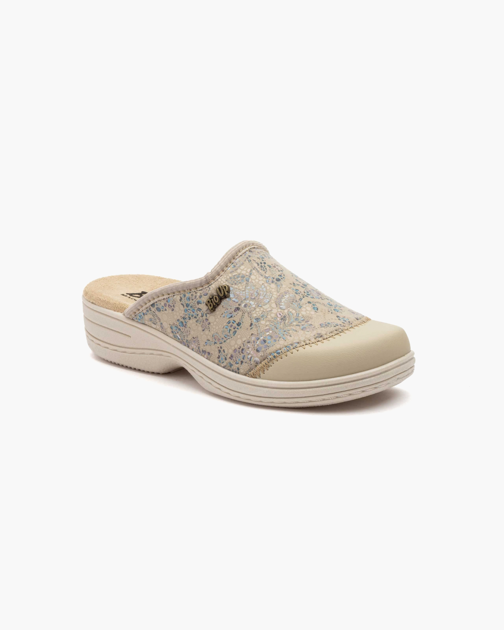 Zuecos de Mujer de Piel con Estampado Floral – Ida-Beige