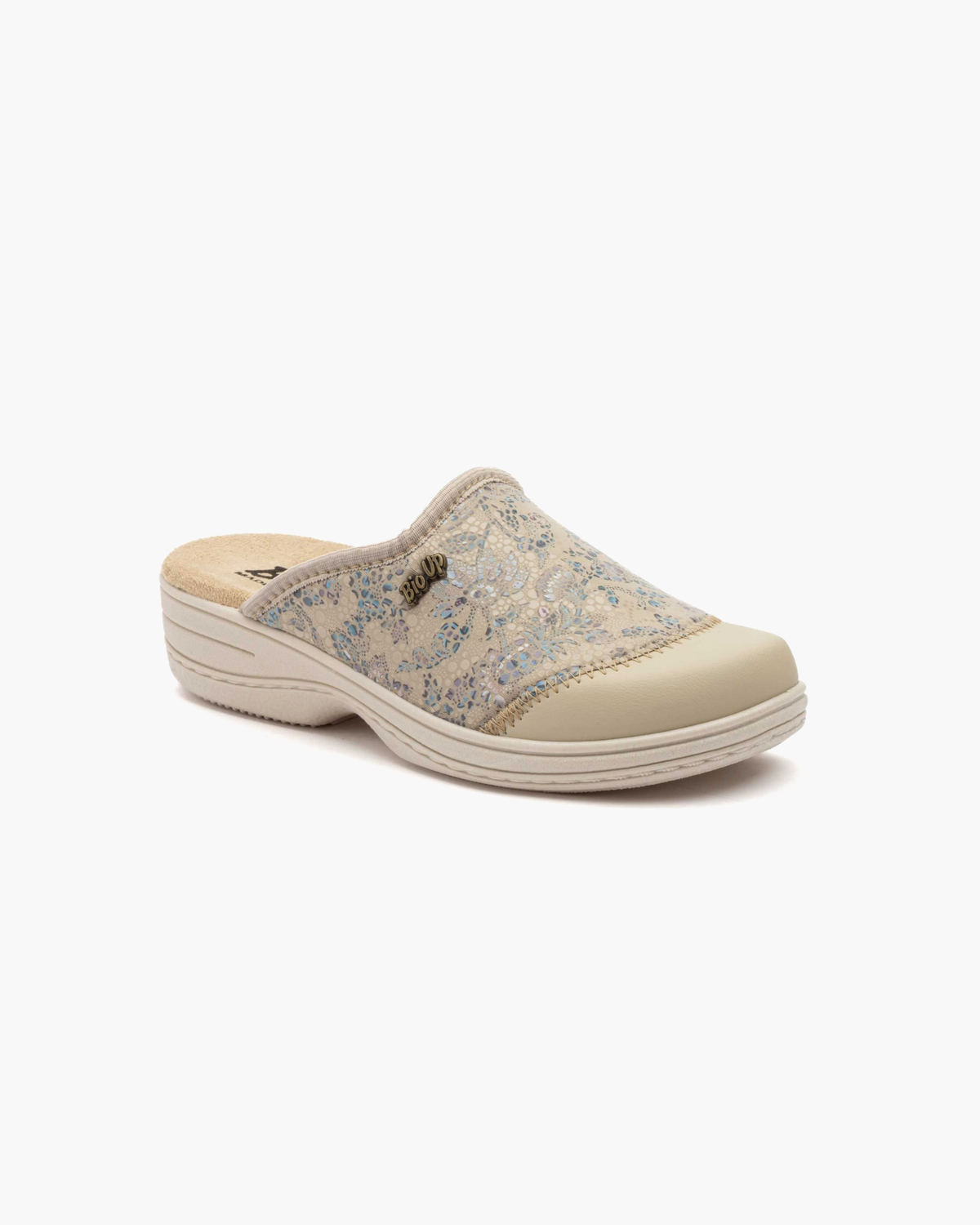 Zuecos de Mujer de Piel con Estampado Floral – Ida-Beige