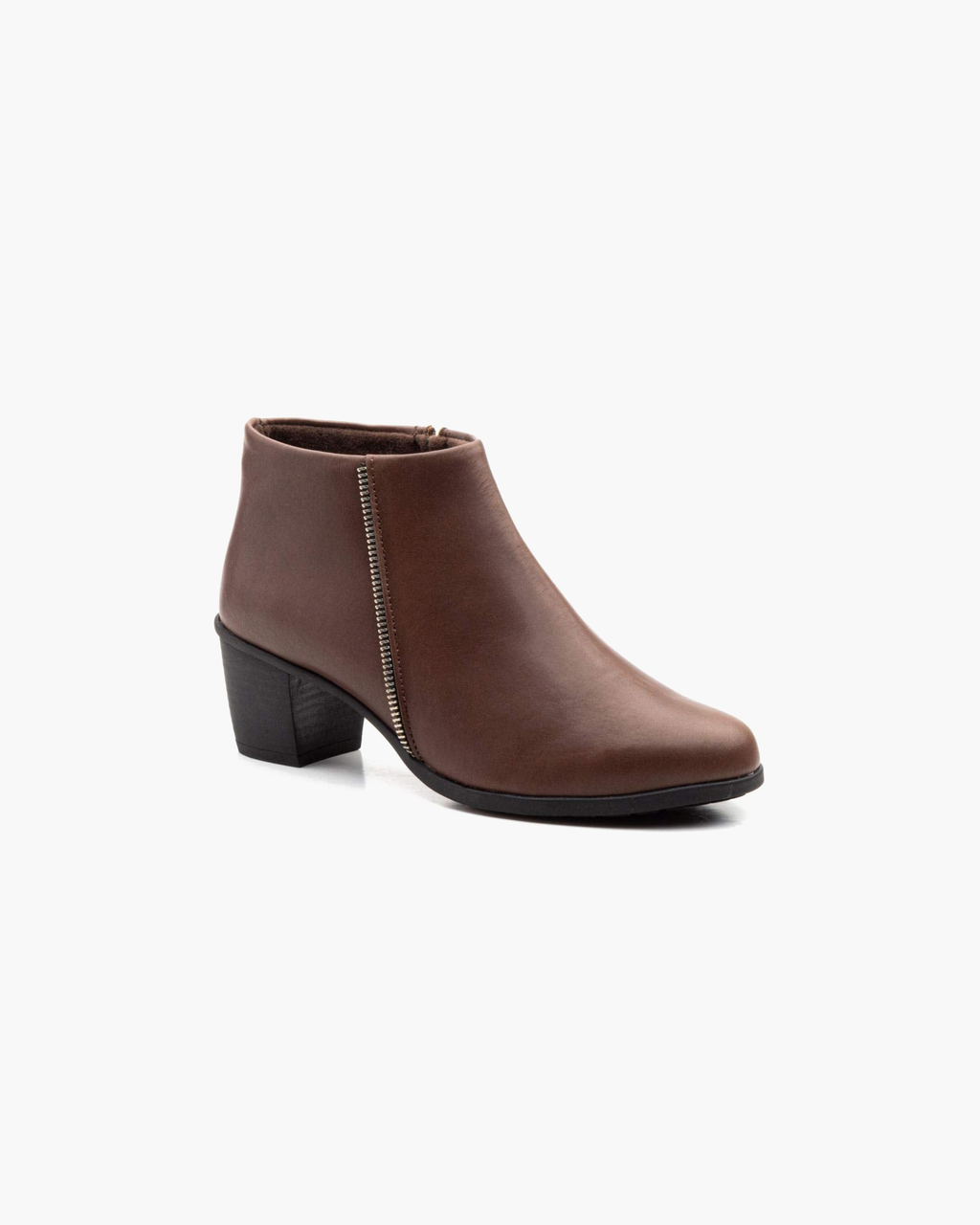 Botines de Mujer de Piel con Tacón Ancho y Cremallera – Marrón