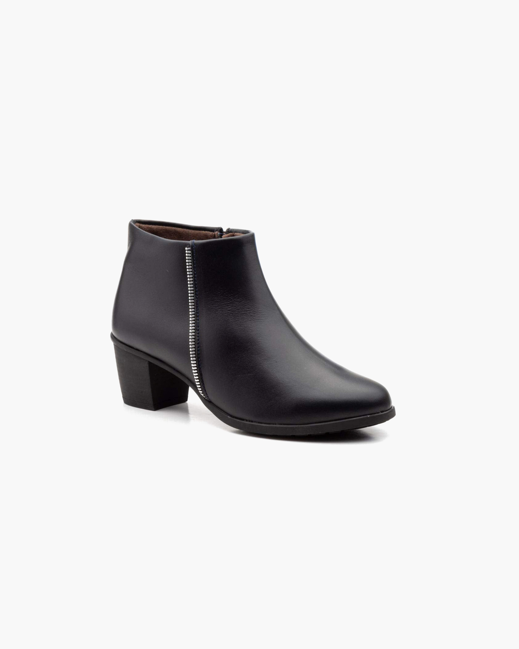 Botines de Mujer de Piel con Tacón Ancho y Cremallera – Negro