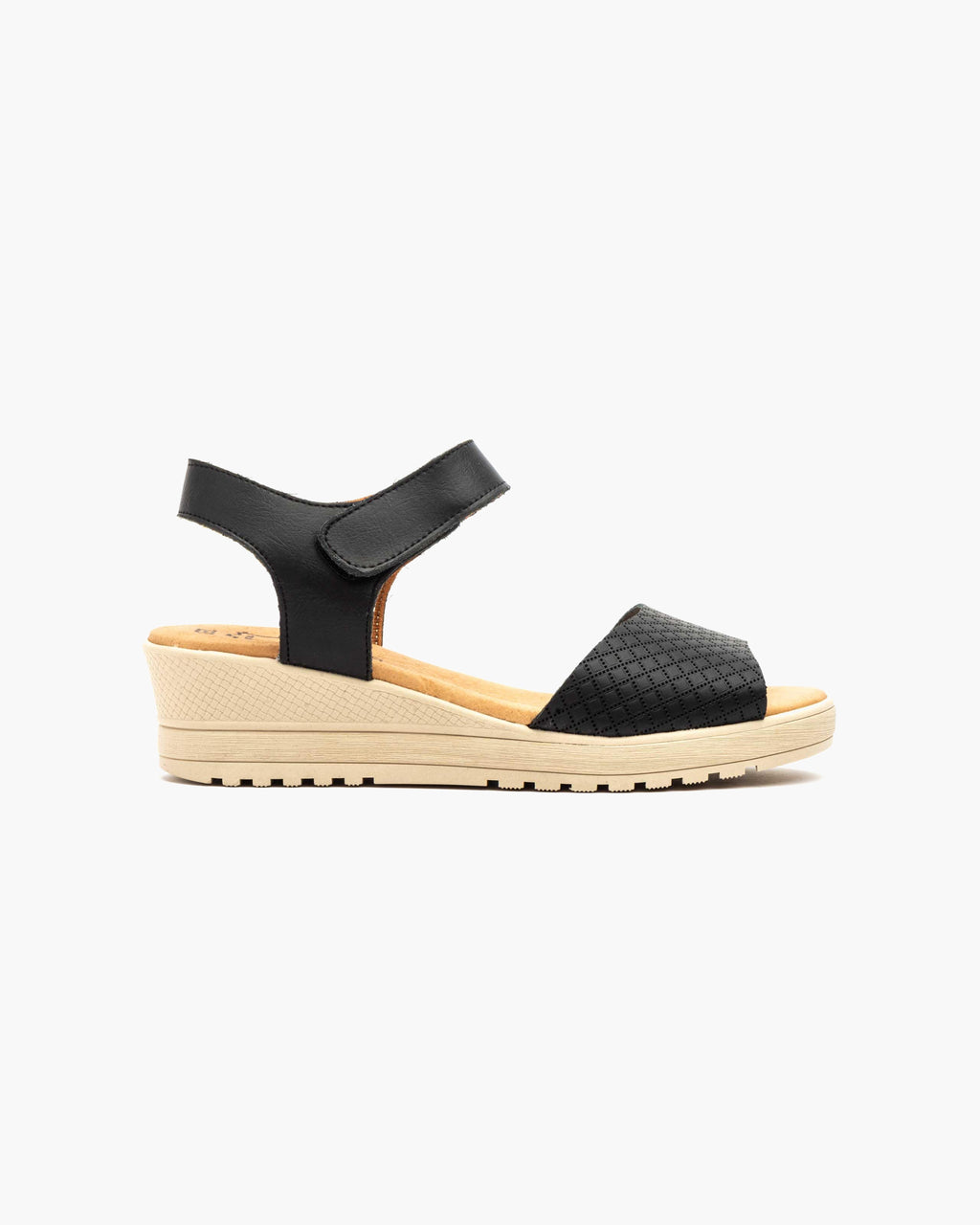 Sandalias de Cuña para Mujer de Piel Auténtica con Cierre de Velcro Verano - Negro