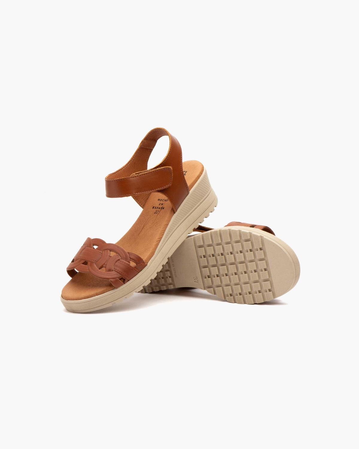 Sandalias de Cuña para Mujer de Piel Auténtica con Cierre de Velcro Verano - Cuero