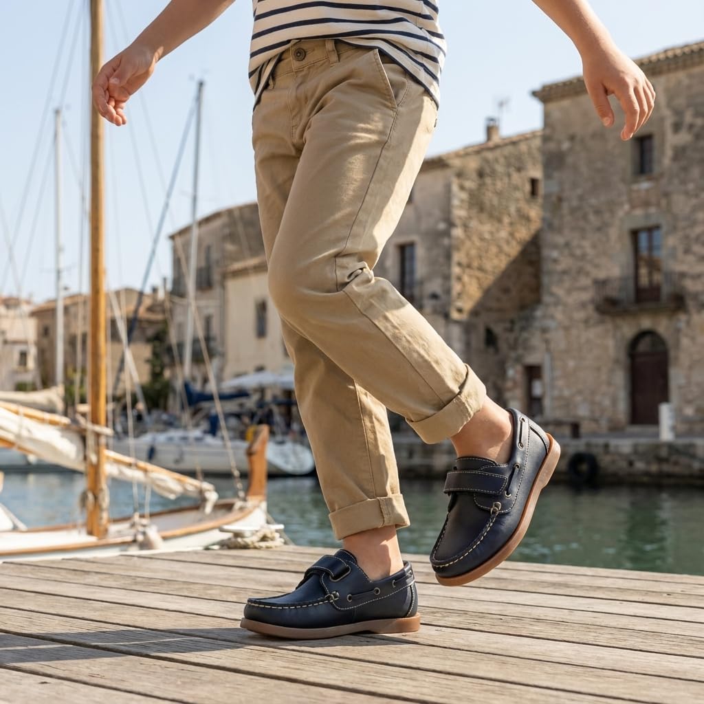 Zapatos náuticos de Cuero Azul Marino para niño con Cordones - Azul Marino