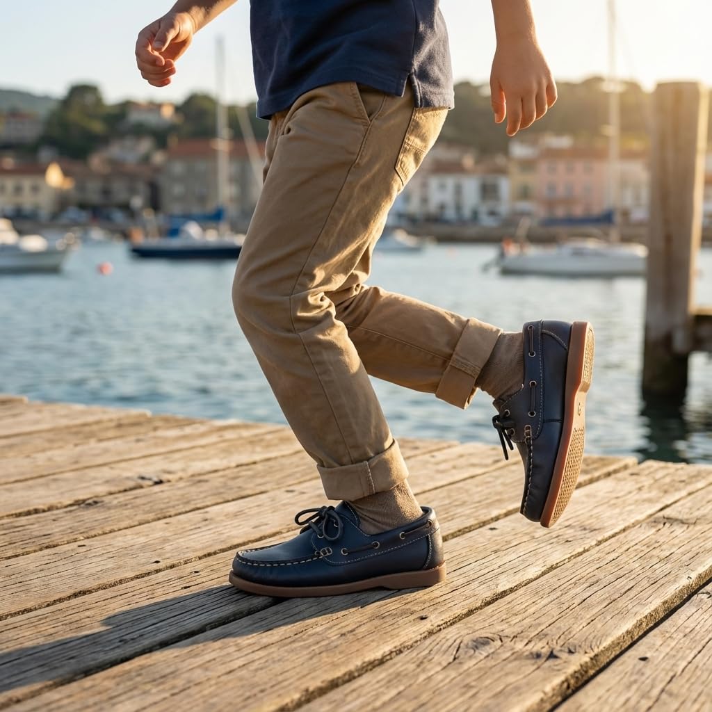 Zapatos náuticos de Cuero Azul Marino para niño con Cordones - Azul Marino