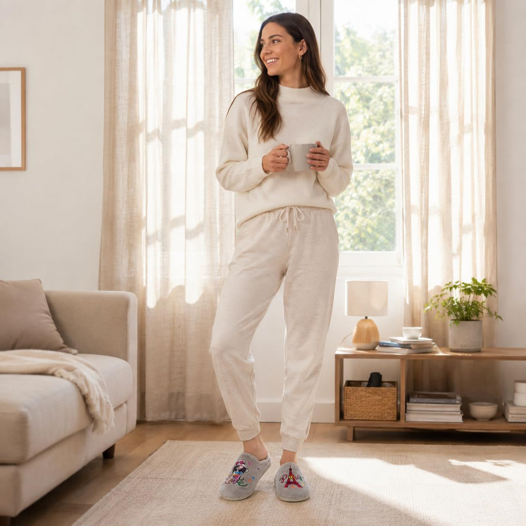 Zapatillas de Casa Mujer de Felpa para Invierno, Gris con Estampado París - Gris
