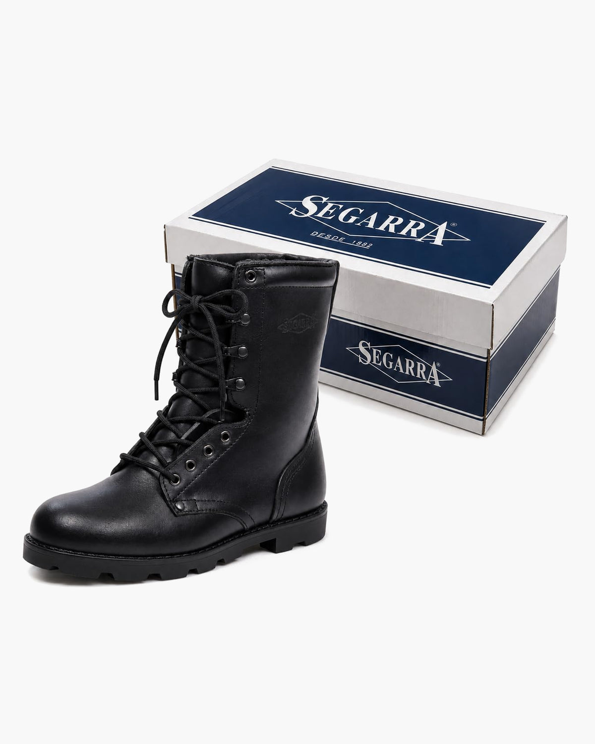 Segarra Botas Militares Hombre de Piel con Cordones, Negro - Negro