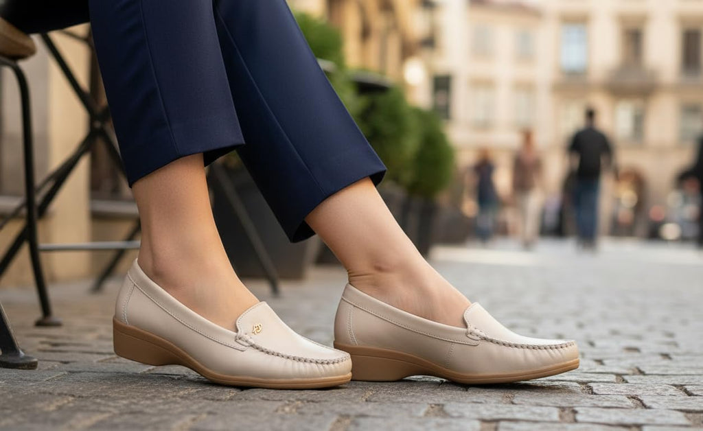 Mocasines de Cuero para Mujer Beige con cuña y Costura Visible - Beige