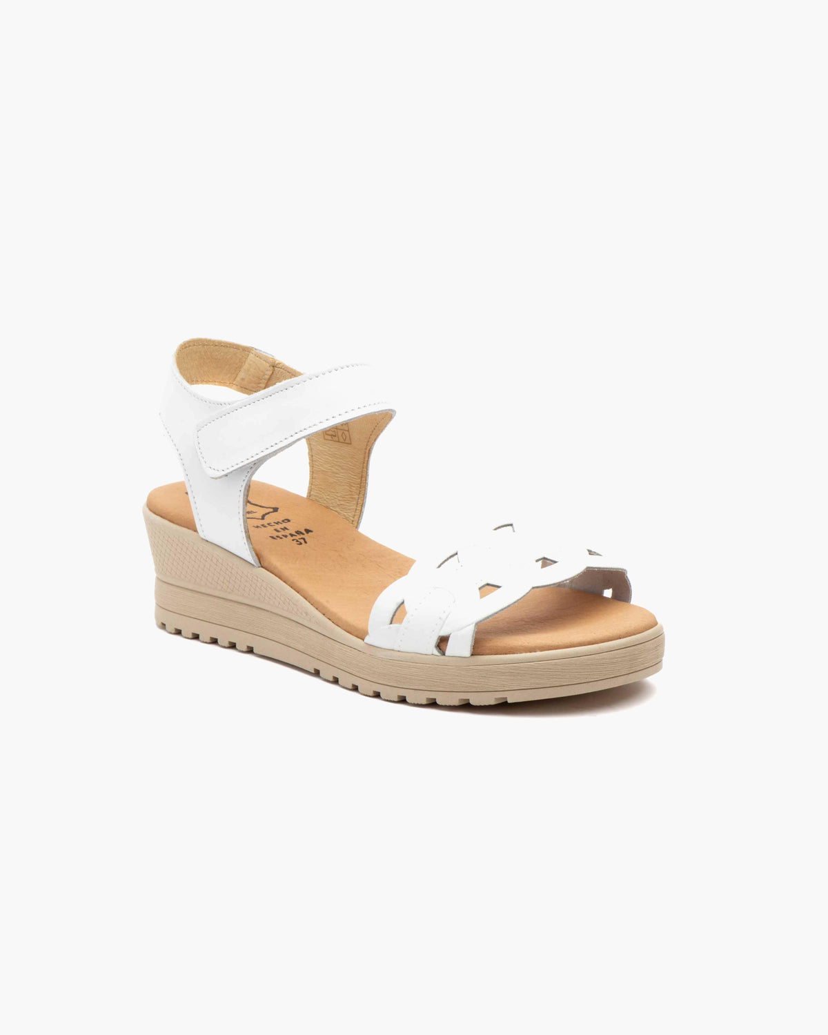 Sandalias de Cuña para Mujer de Piel Auténtica con Cierre de Velcro Verano - Blanco