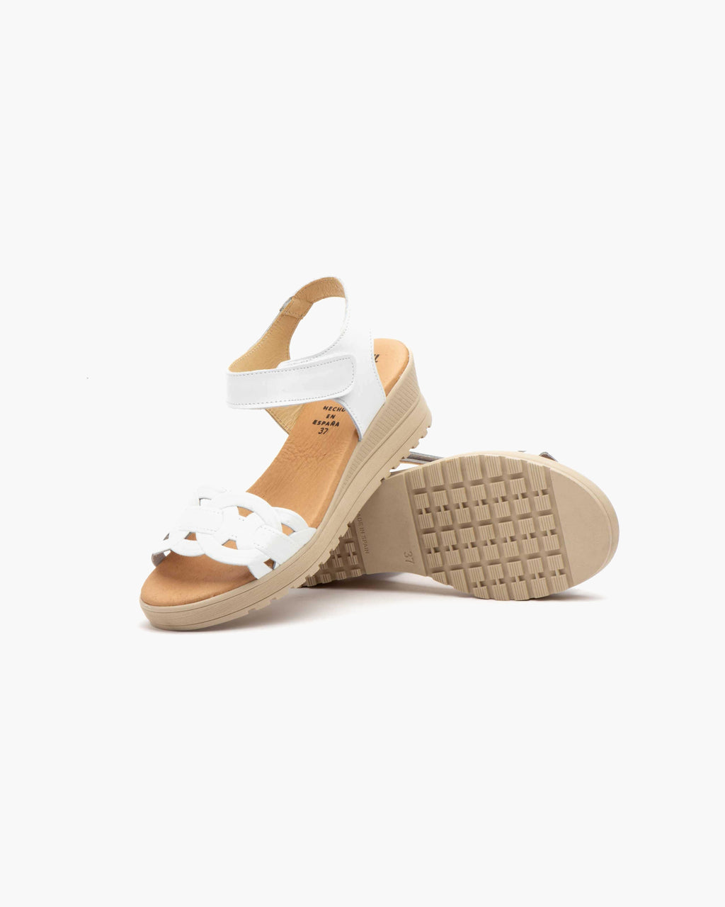 Sandalias de Cuña para Mujer de Piel Auténtica con Cierre de Velcro Verano - Blanco