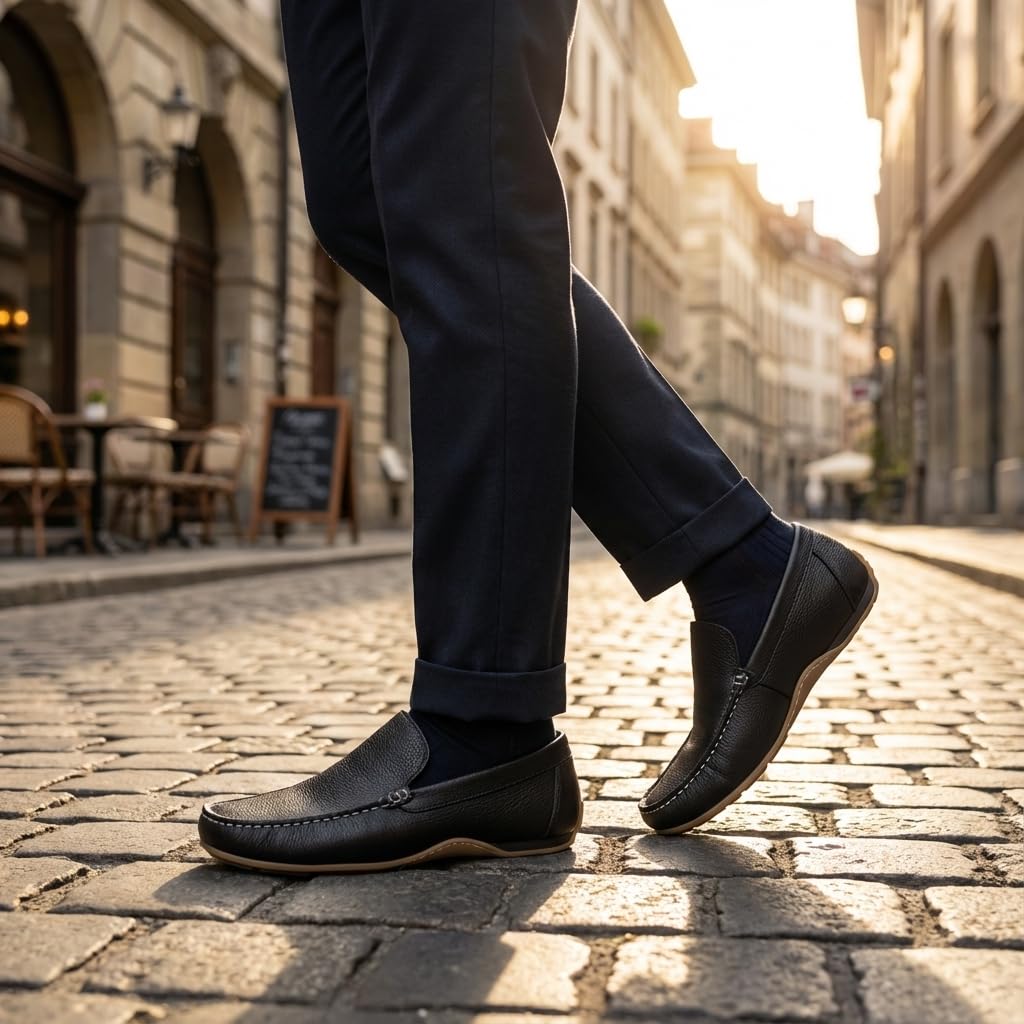 Mocasines de Cuero Azul Marino para Hombre de Verano - Negro