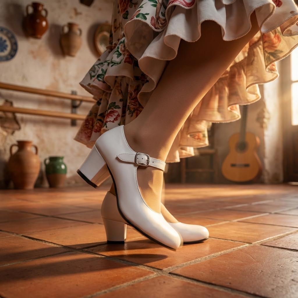 NOESLOMISMO BY DILEMA Zapato Flamenco para Niña - Sevillanas Hechas a Mano en España - Blanco