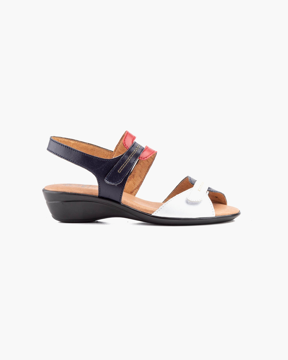 NOESLOMISMO BY DILEMA Sandalias de Cuña Baja para Mujer con Doble Velcro | Piel Hecha en España | Calzado Ergonómico Antideslizante para Verano y Pies Delicados - Rojo-Marino