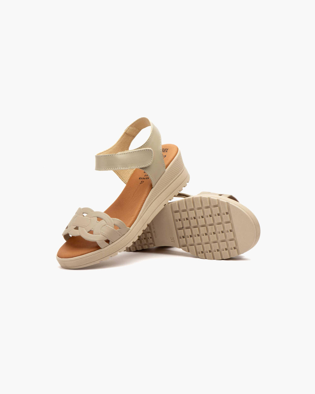 Sandalias de Cuña para Mujer de Piel Auténtica con Cierre de Velcro Verano - Beige