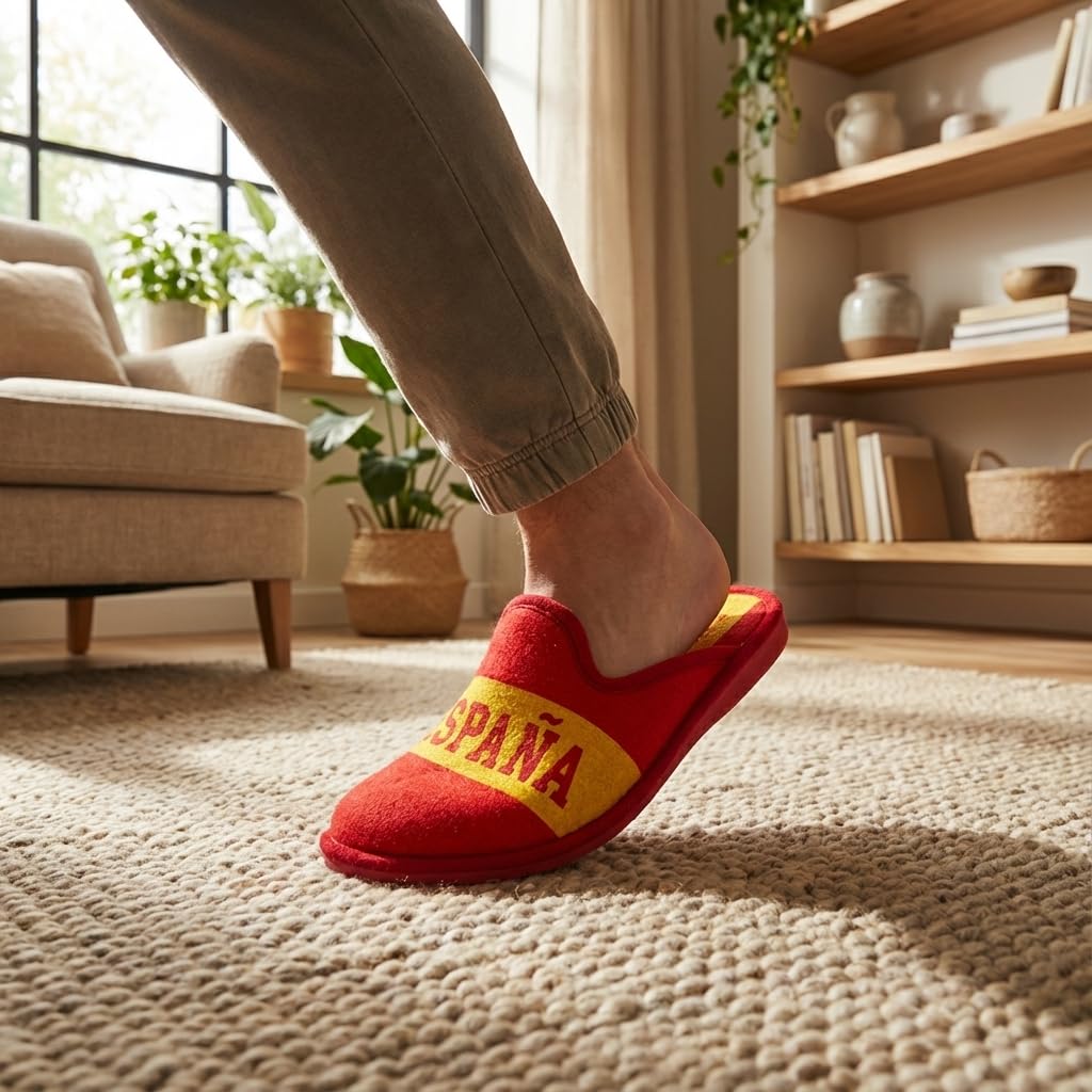 NOESLOMISMO BY DILEMA Zapatillas Casa Hombre y Mujer Bandera España - Pantuflas Cerradas Invierno Acolchadas. Zapatos Descanso Felpa Termal. Slippers Calientes Suela Goma - Rojo