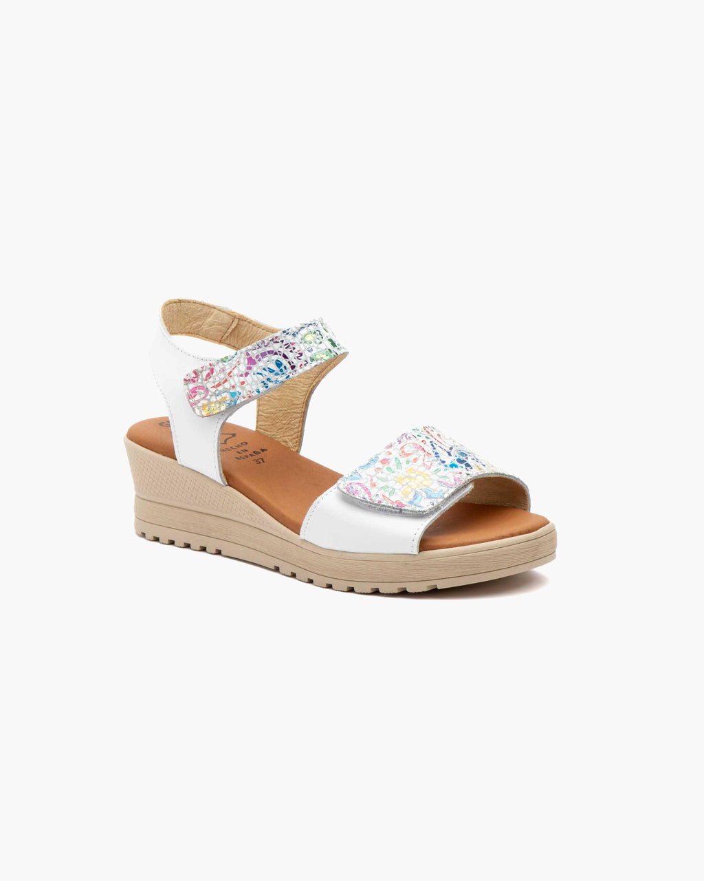 Sandalias de Cuña para Mujer de Piel Auténtica con Cierre de Velcro Verano - Blanco