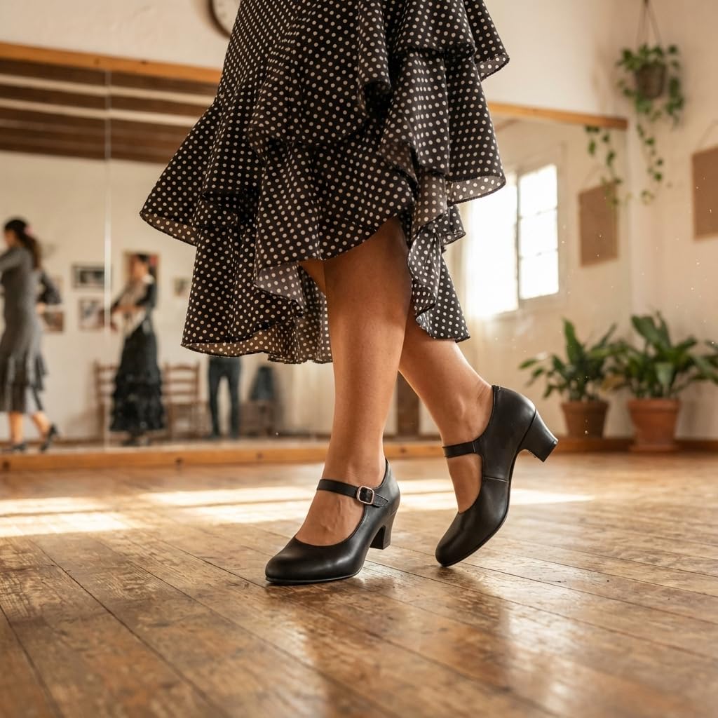 Zapatos de flamenca blancos para mujer con tacón ancho y hebilla - Negro