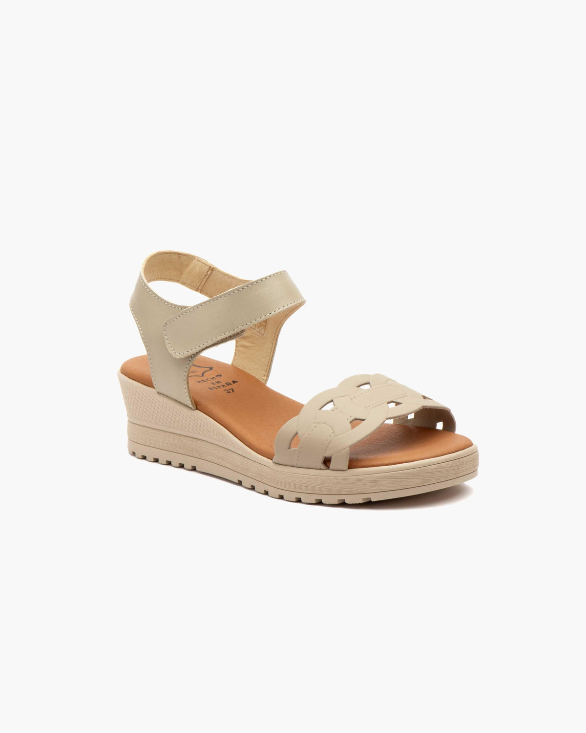 Sandalias de Cuña para Mujer de Piel Auténtica con Cierre de Velcro Verano - Beige