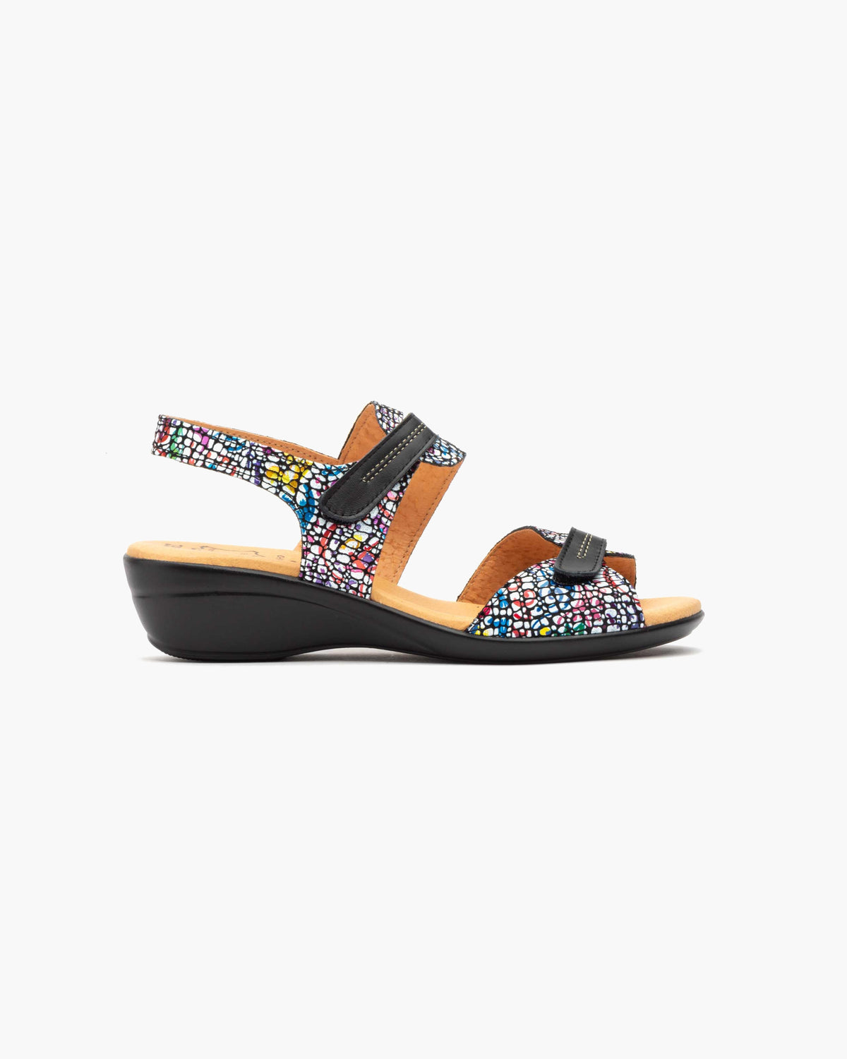 Sandalias de Cuña para Mujer de Piel Auténtica con Cierre de Velcro Verano - Negro