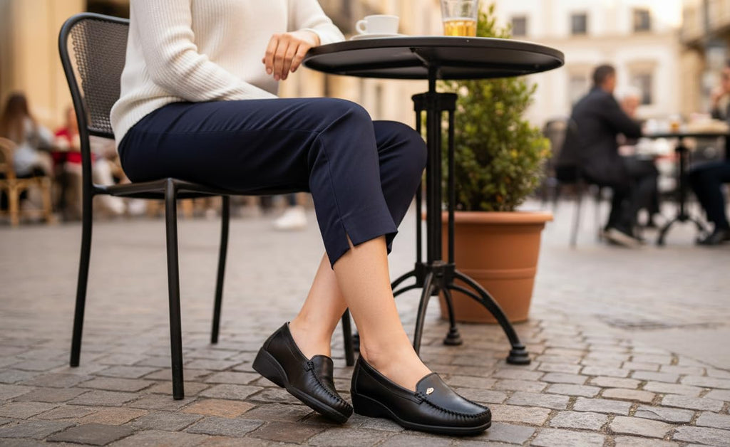 Mocasines de Cuero para Mujer Beige con cuña y Costura Visible - Negro