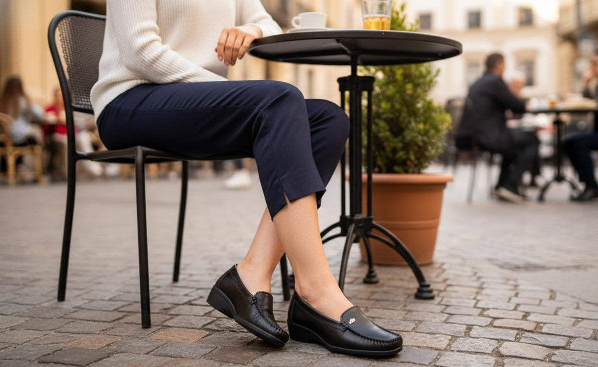 Mocasines de Cuero para Mujer Beige con cuña y Costura Visible - Negro