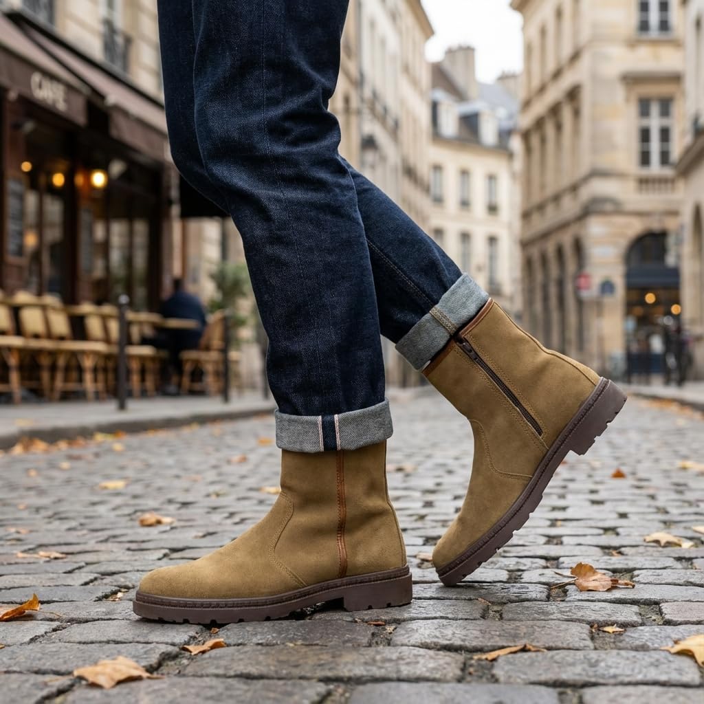 Botas de piel y serraje marrones para hombre con cremallera - Tabaco