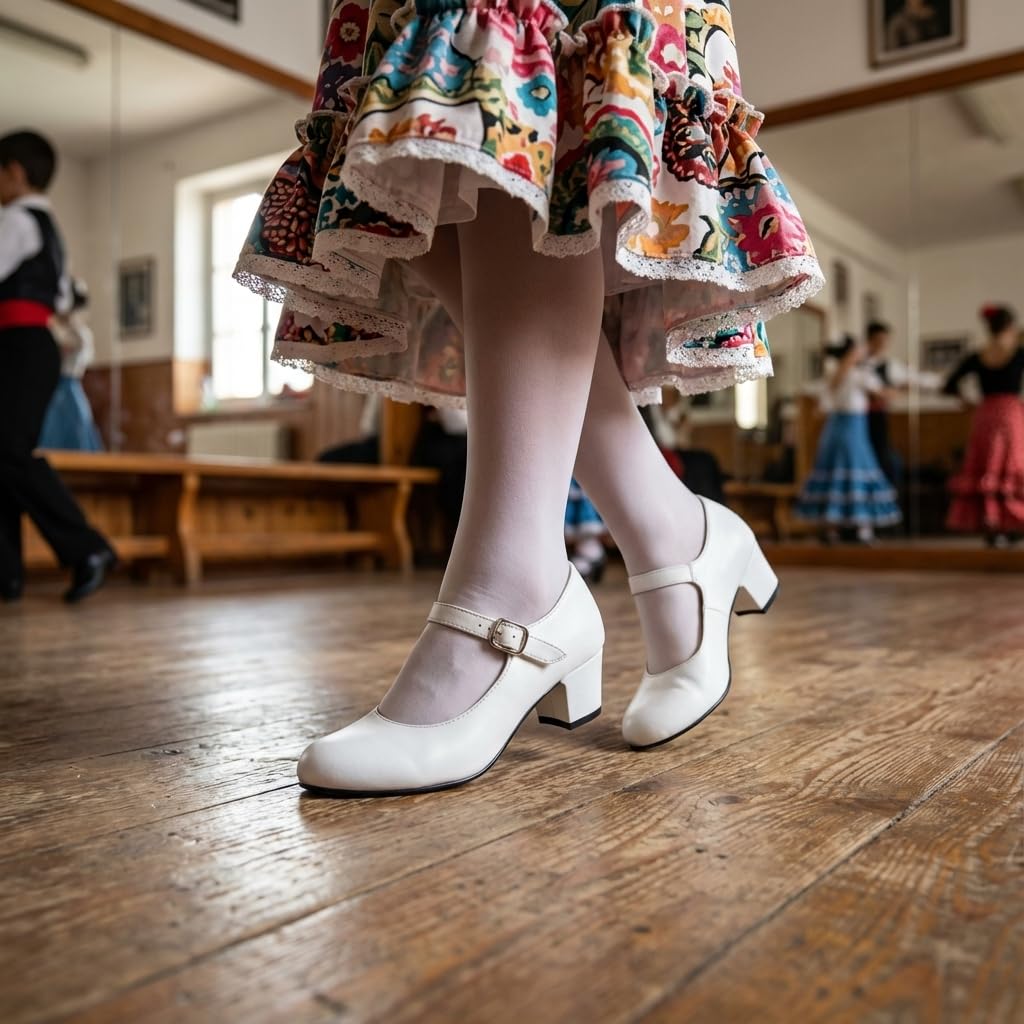 Zapatos de flamenca blancos para mujer con tacón ancho y hebilla - Blanco