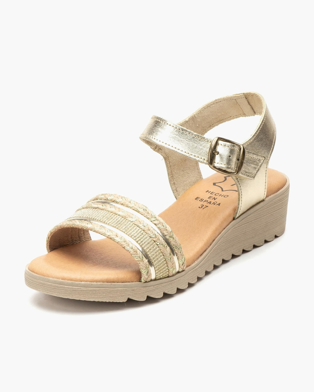 NOESLOMISMO BY DILEMA Sandalias de Cuña Baja para Mujer, Plantilla de Piel Hechas en España, Diseño Ergonómico con Cierre de Hebilla y Suela Antideslizante para Uso Casual en Verano - Platino