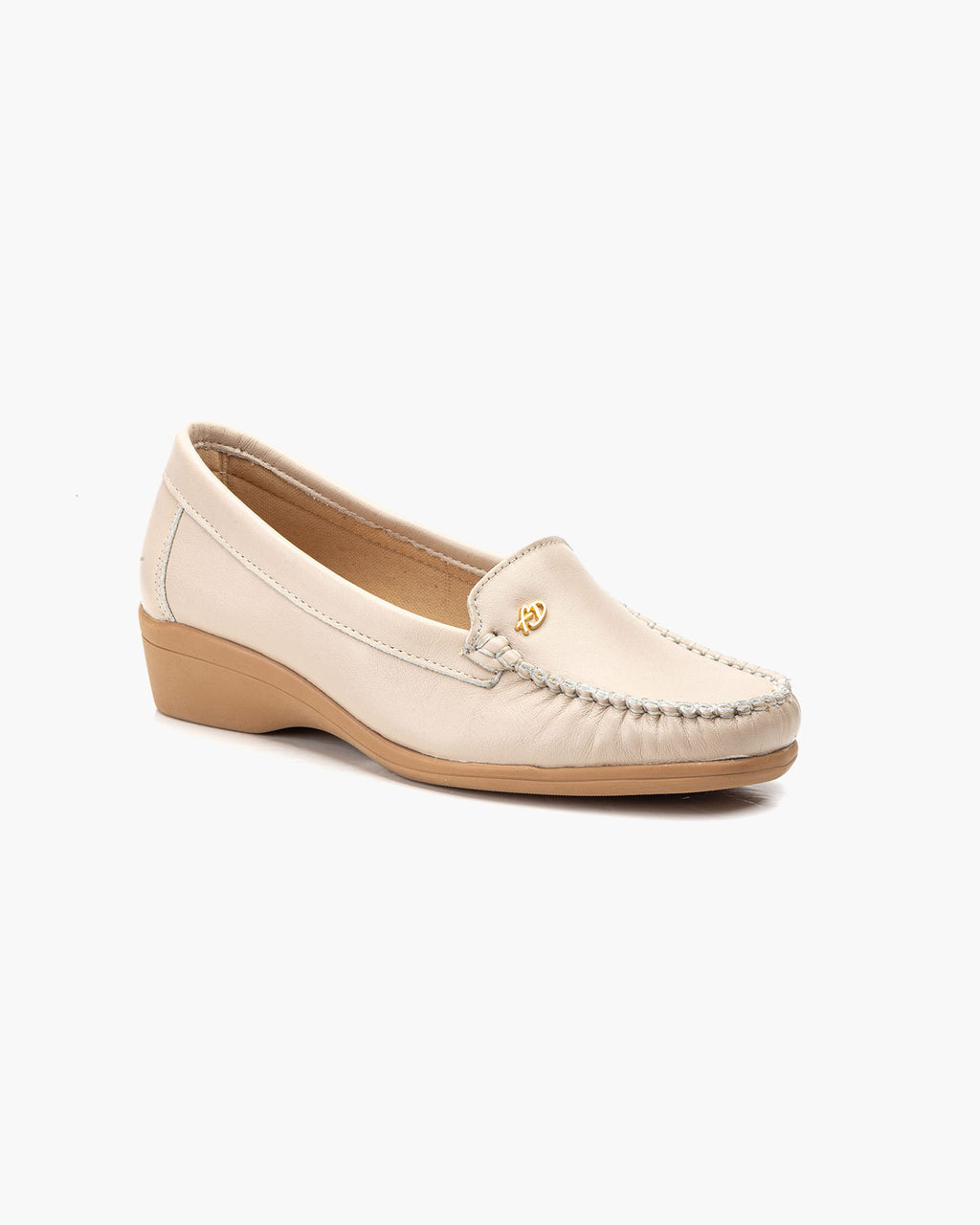Mocasines de Cuero para Mujer Beige con cuña y Costura Visible - Beige