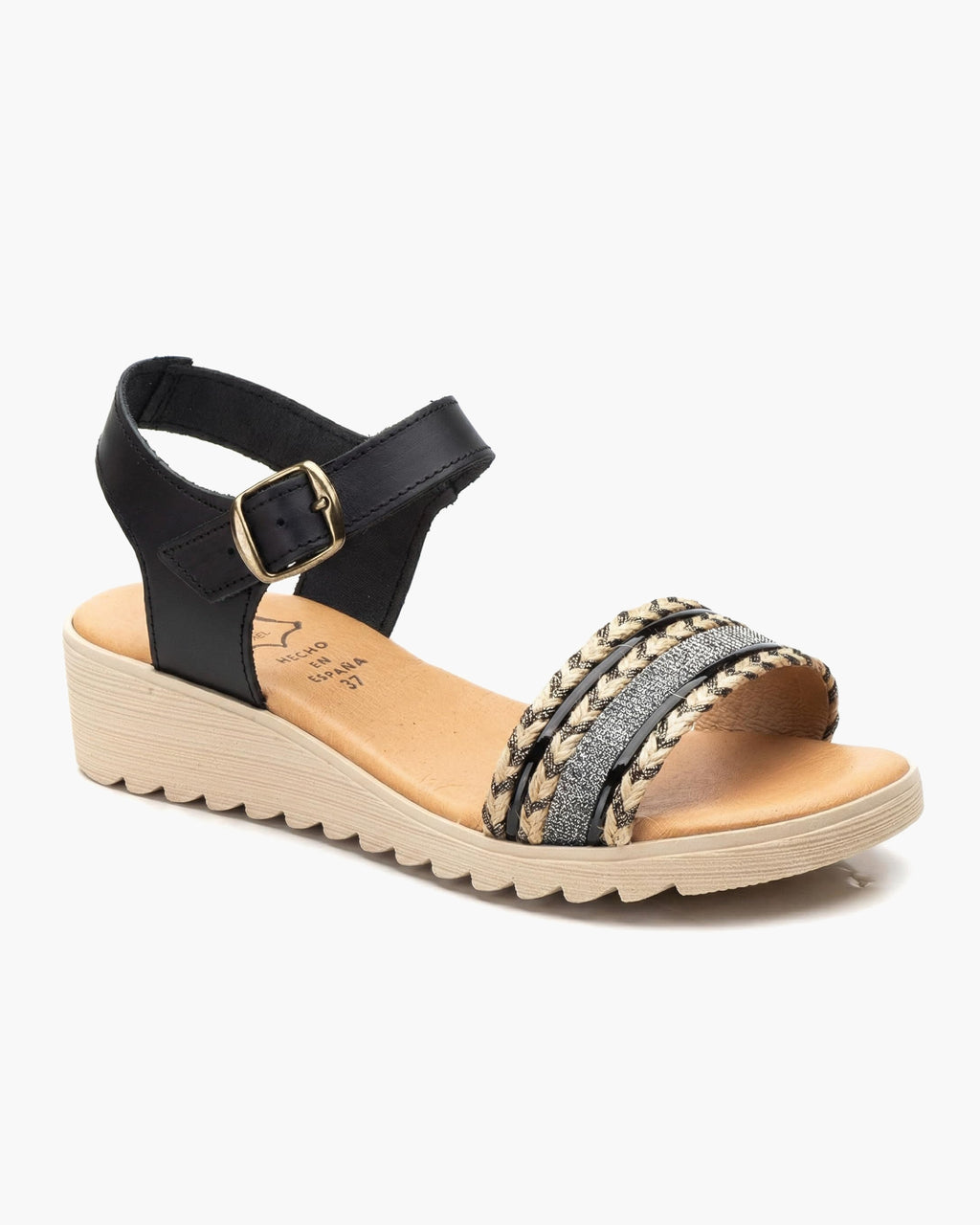 NOESLOMISMO BY DILEMA Sandalias de Cuña Baja para Mujer, Plantilla de Piel Hechas en España, Diseño Ergonómico con Cierre de Hebilla y Suela Antideslizante para Uso Casual en Verano - Negro