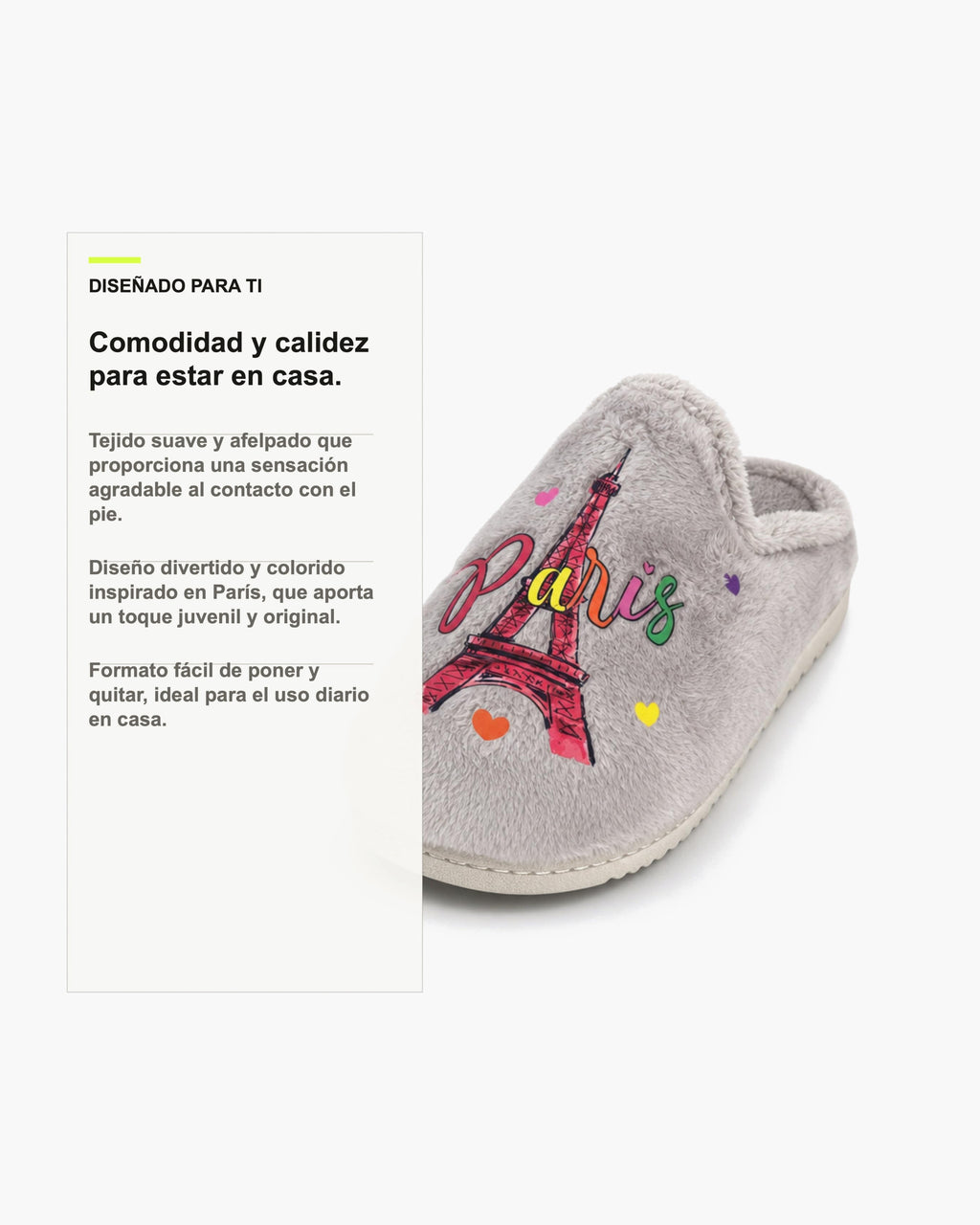 Zapatillas de Casa Mujer de Felpa para Invierno, Gris con Estampado París - Gris