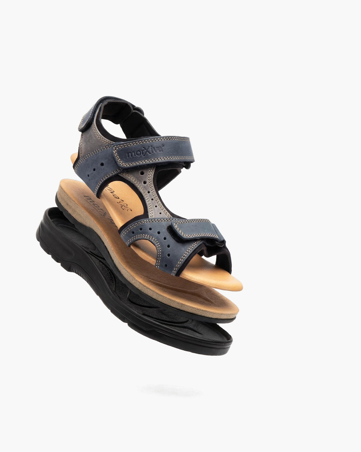 NOESLOMISMO BY DILEMA Sandalias Cangrejeras de Cuero para Hombre | Doble Cierre de Velcro Ajustable | Suela Antideslizante y Ergonómica para Caminatas Urbanas y Verano | Fabricadas en España - Marino-Gris