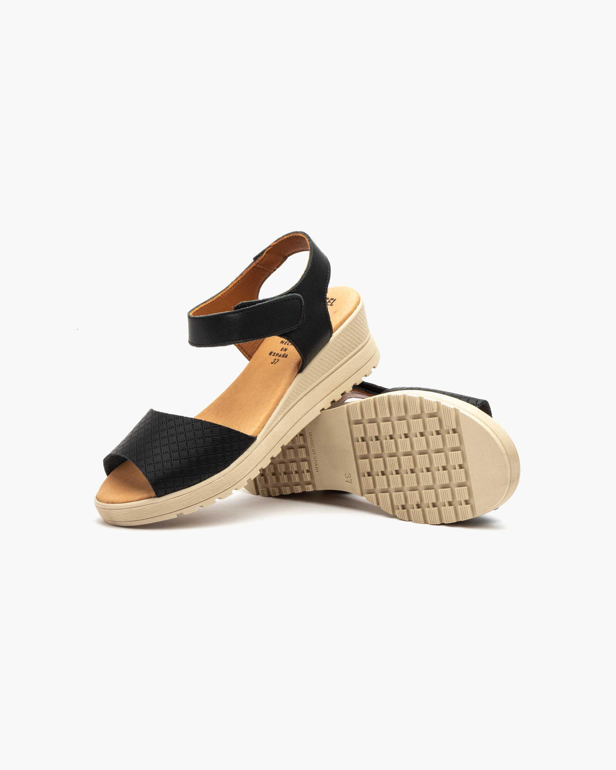 Sandalias de Cuña para Mujer de Piel Auténtica con Cierre de Velcro Verano - Negro