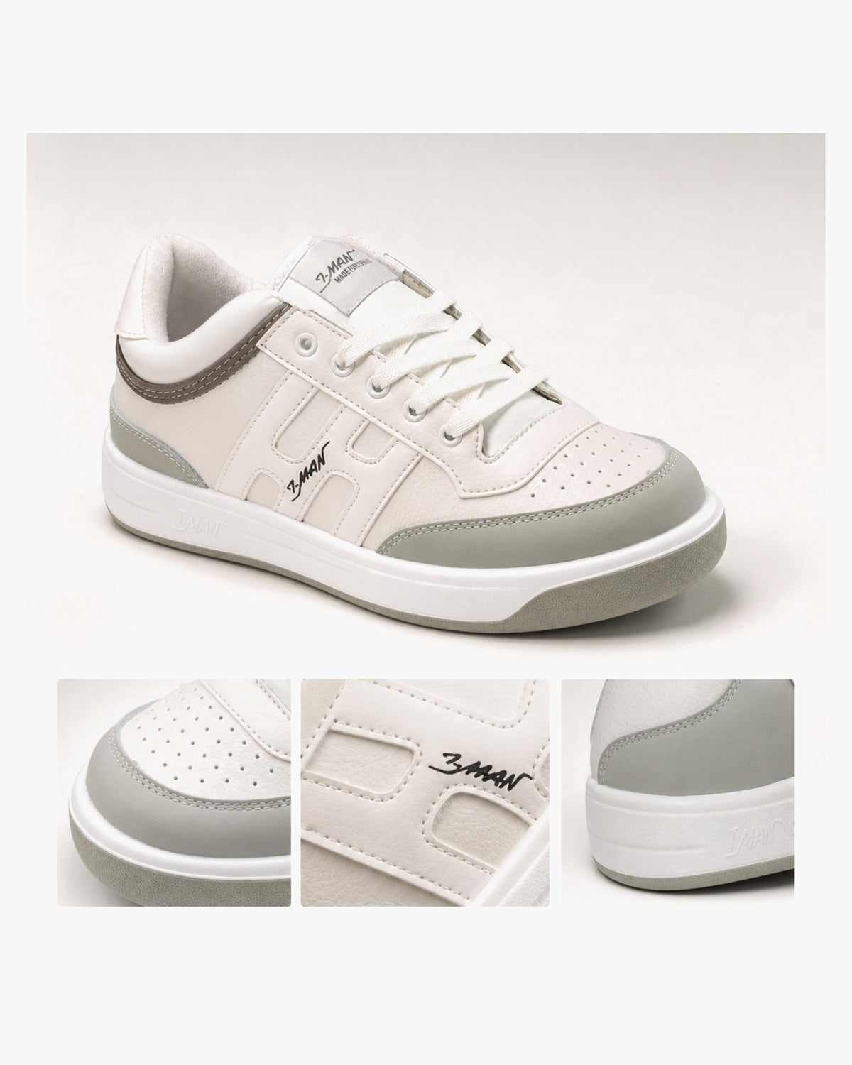 Zapatillas Hombre de Piel Casual con Cordones, Blanco y Gris - Blanco
