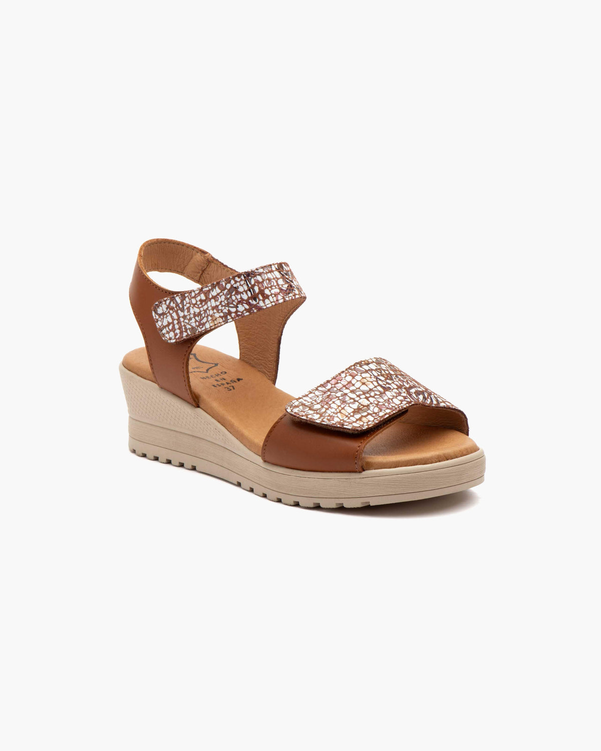 Sandalias de Cuña para Mujer de Piel Auténtica con Cierre de Velcro Verano - Cuero