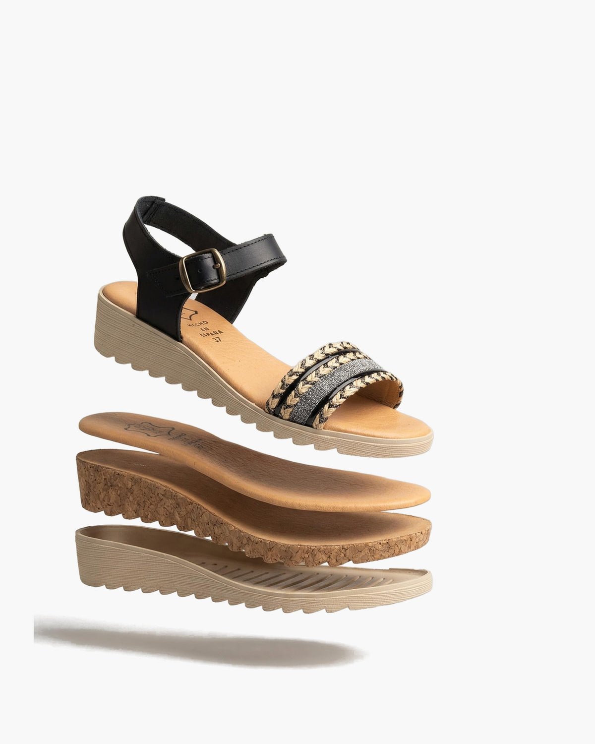 NOESLOMISMO BY DILEMA Sandalias de Cuña Baja para Mujer, Plantilla de Piel Hechas en España, Diseño Ergonómico con Cierre de Hebilla y Suela Antideslizante para Uso Casual en Verano - Negro