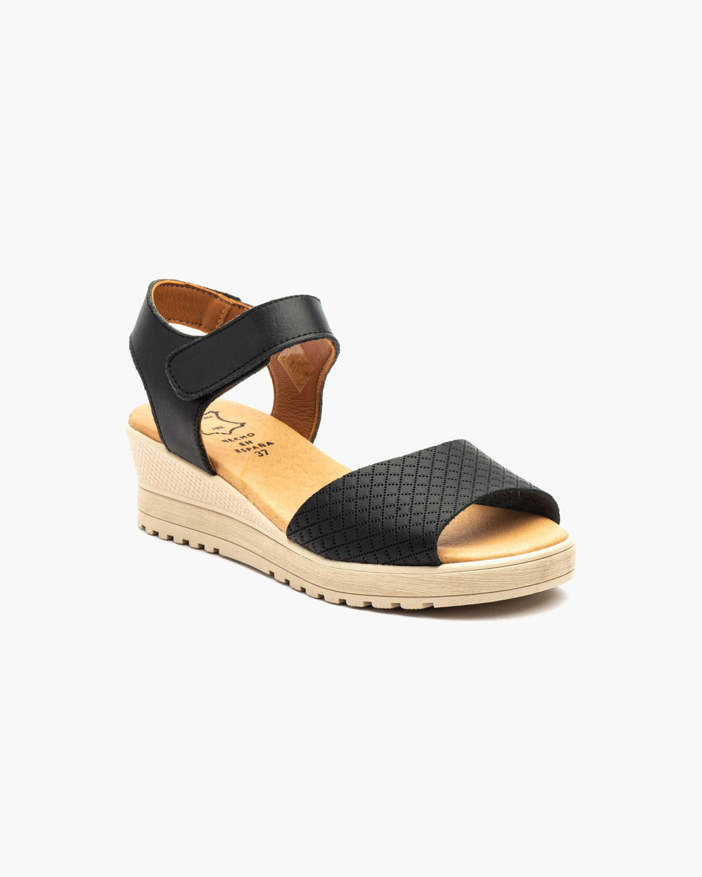 Sandalias de Cuña para Mujer de Piel Auténtica con Cierre de Velcro Verano - Negro