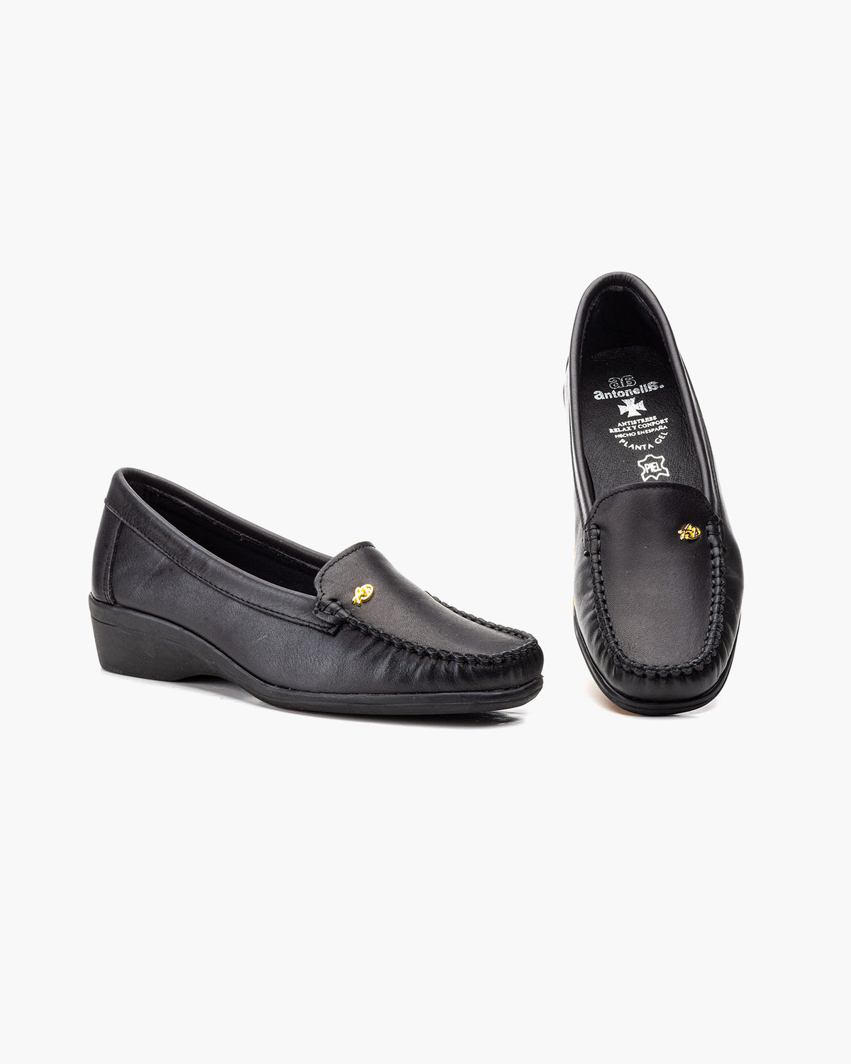 Mocasines de Cuero para Mujer Beige con cuña y Costura Visible - Negro