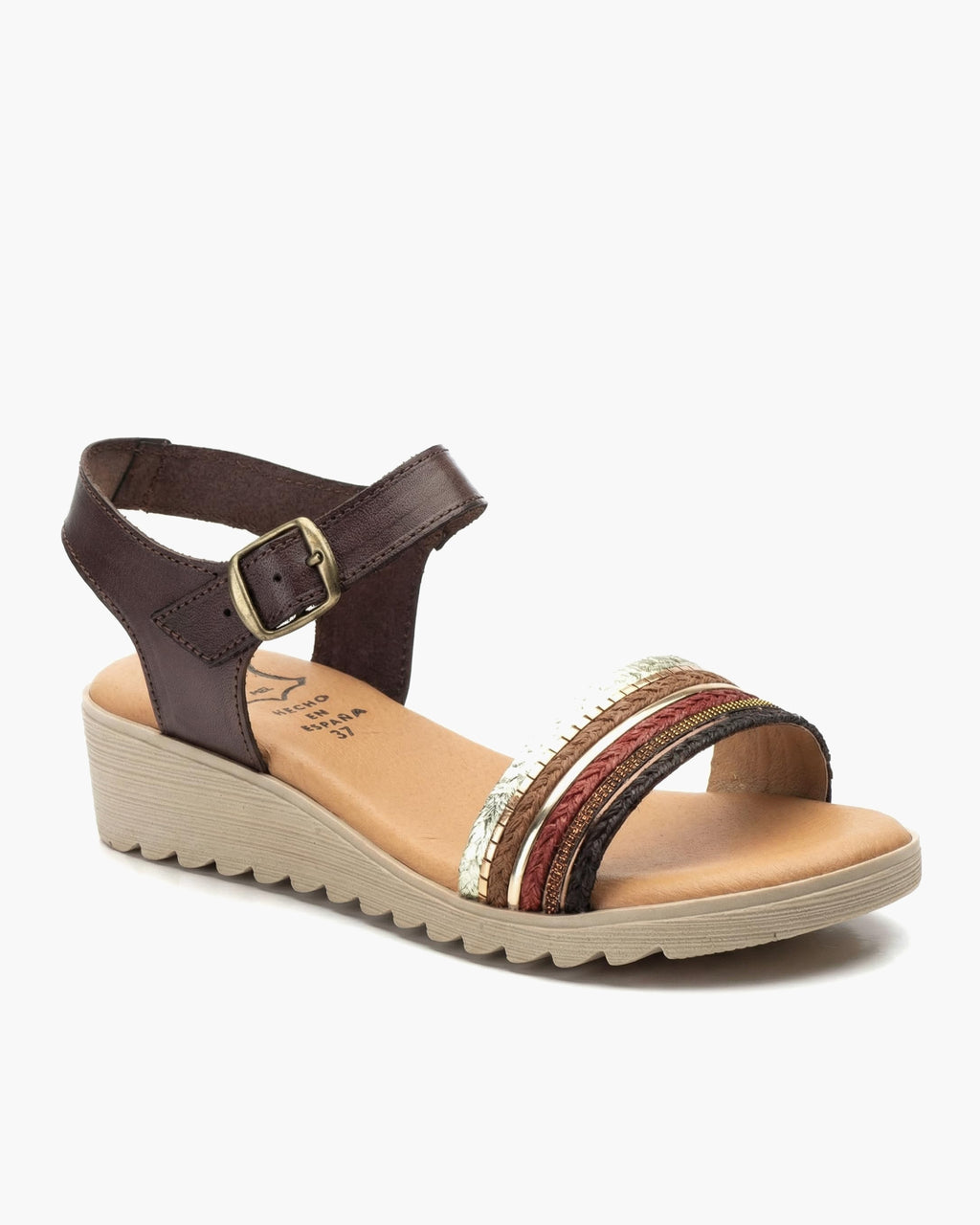NOESLOMISMO BY DILEMA Sandalias Cómodas de Cuña Baja para Mujer | Tiras Trenzadas Multicolores - Marron