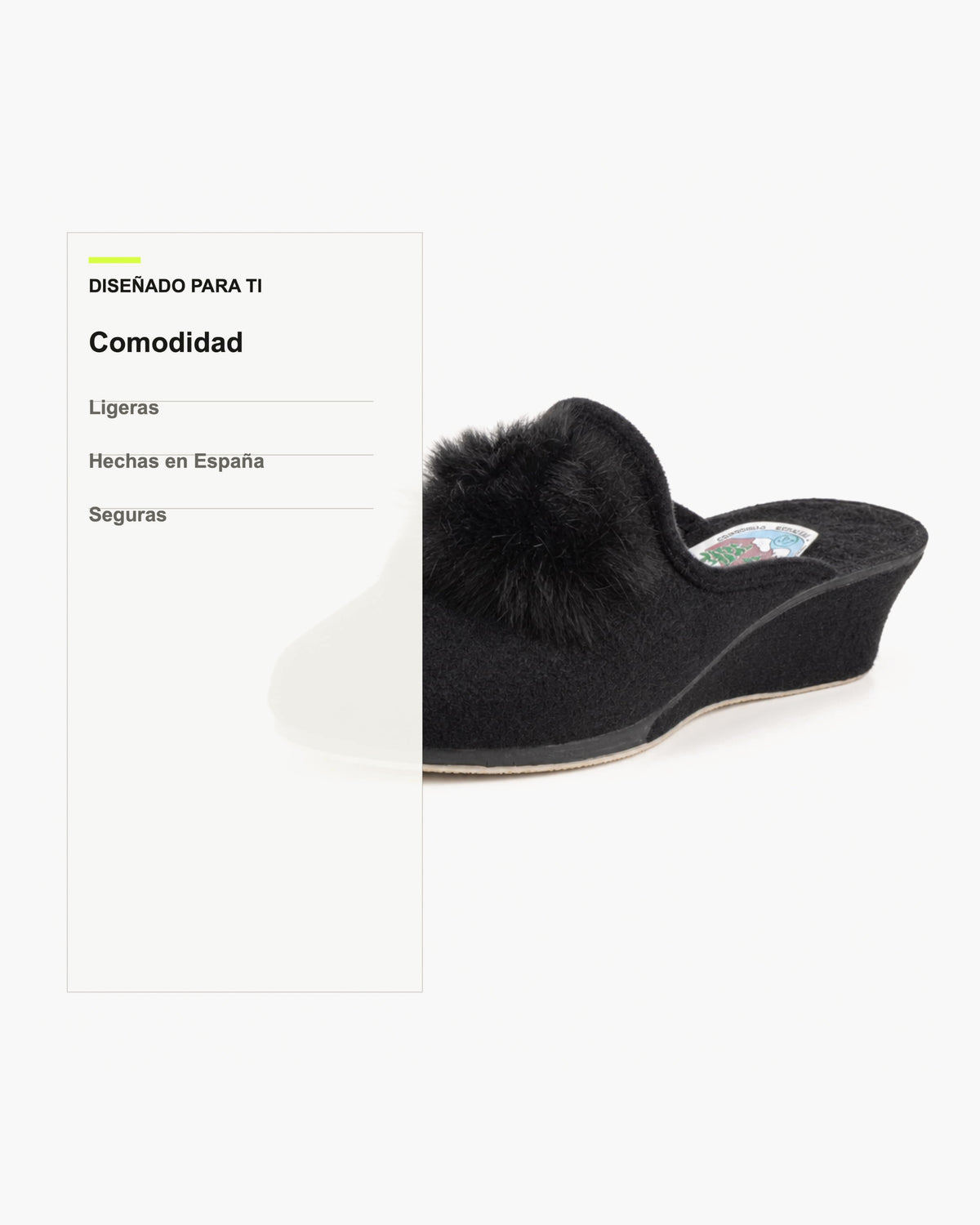 Zapatillas de casa mujer con cuña, abiertas, pompón de pelo, negro - Negro