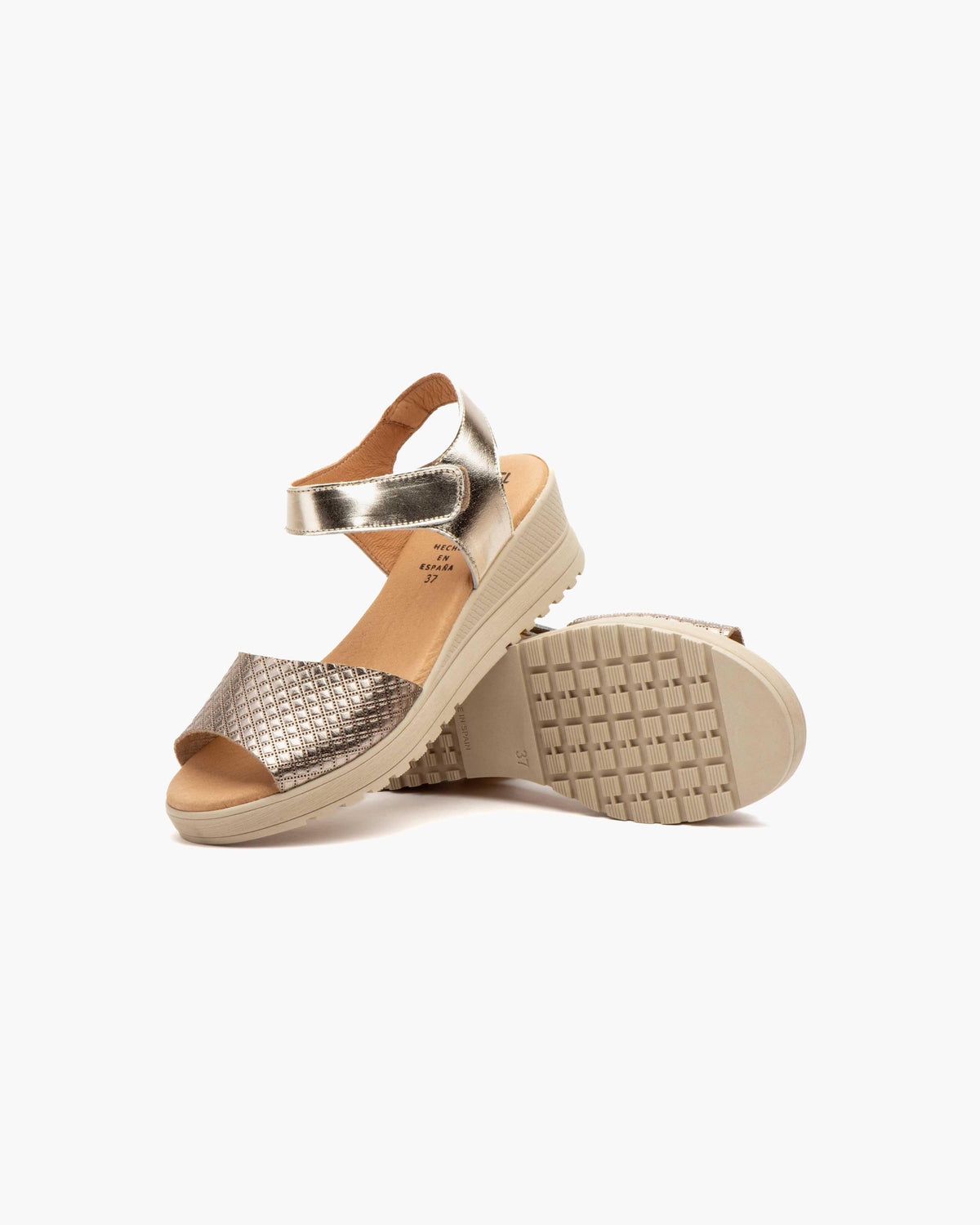 Sandalias de Cuña para Mujer de Piel Auténtica con Cierre de Velcro Verano - Platino