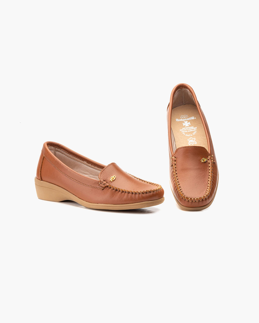 Mocasines de Cuero para Mujer Beige con cuña y Costura Visible - Cuero