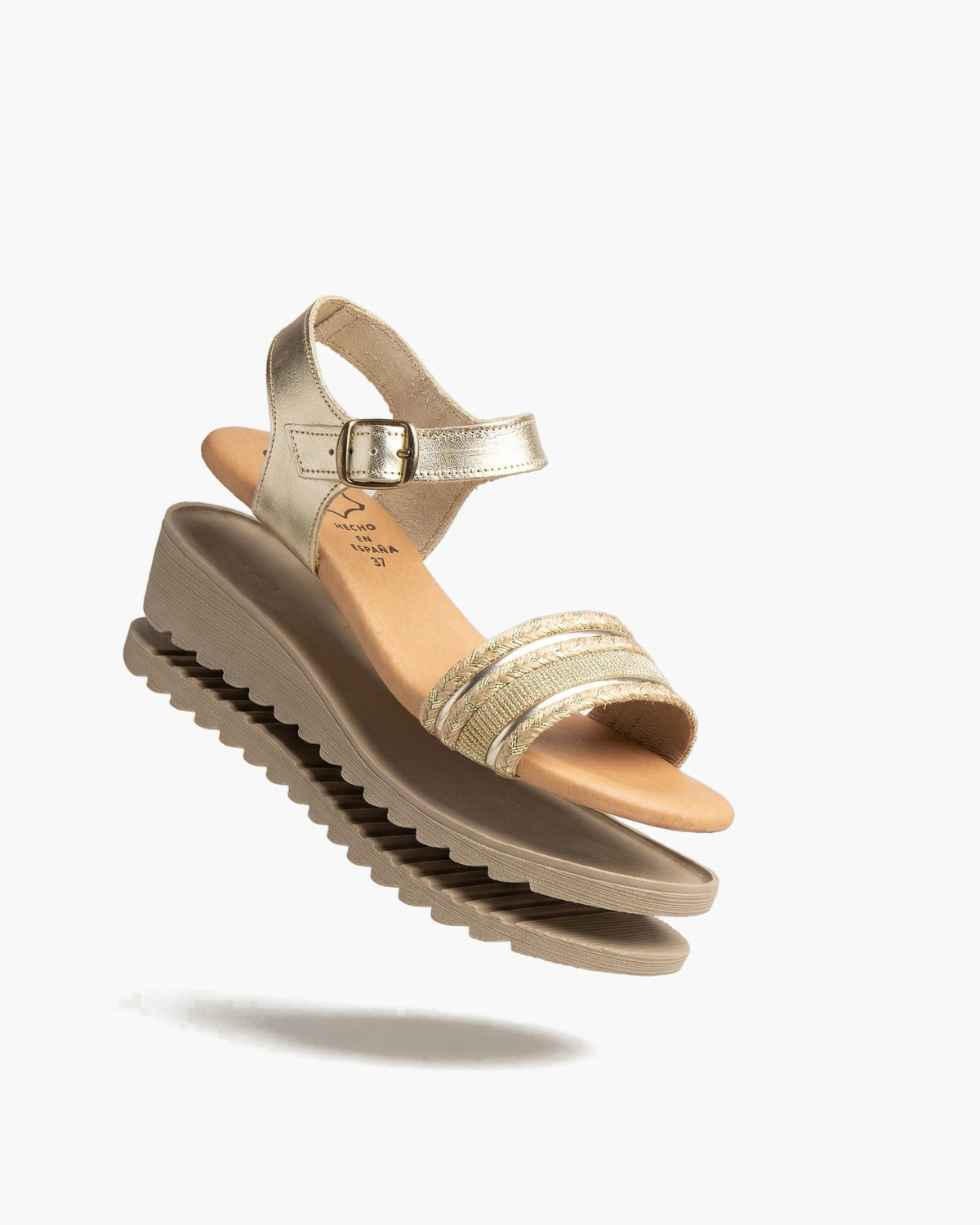 NOESLOMISMO BY DILEMA Sandalias de Cuña Baja para Mujer, Plantilla de Piel Hechas en España, Diseño Ergonómico con Cierre de Hebilla y Suela Antideslizante para Uso Casual en Verano - Platino