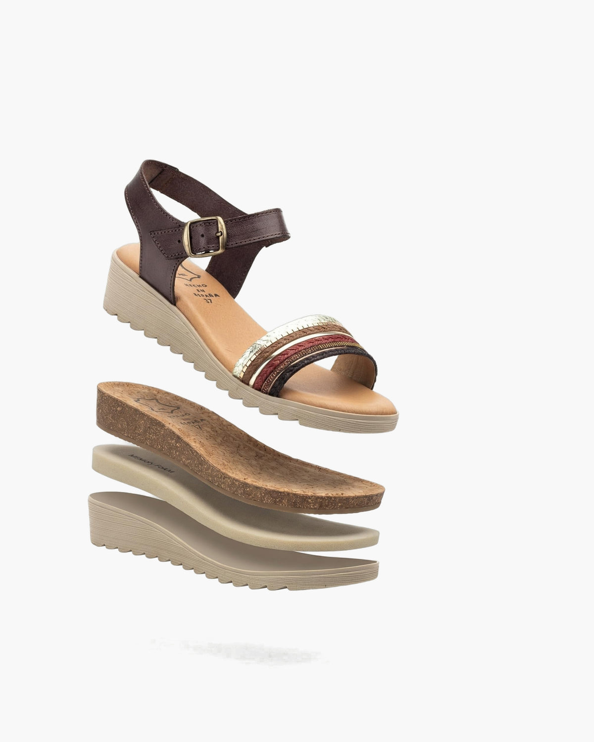 NOESLOMISMO BY DILEMA Sandalias Cómodas de Cuña Baja para Mujer | Tiras Trenzadas Multicolores - Marron