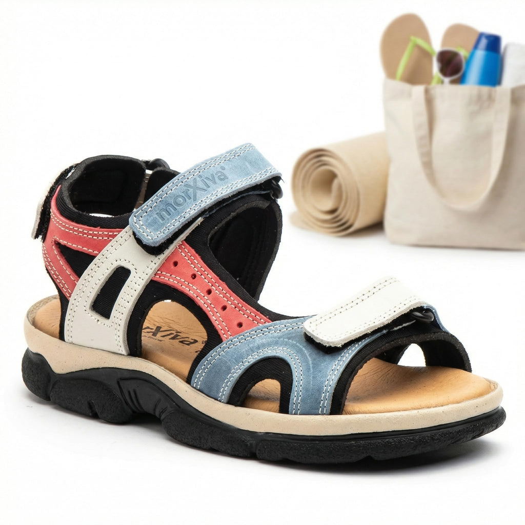 NOESLOMISMO BY DILEMA Sandalias Cangrejeras para Mujer | Cierre de Velcro Ajustable y Suela Antideslizante para Paseos de Verano, Ciudad y Playa | Calzado Ergonómico Fabricado en España - Azul-Blanco