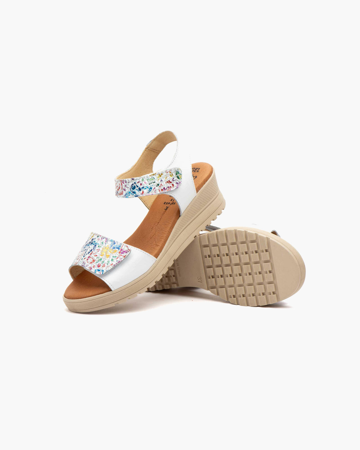 Sandalias de Cuña para Mujer de Piel Auténtica con Cierre de Velcro Verano - Blanco
