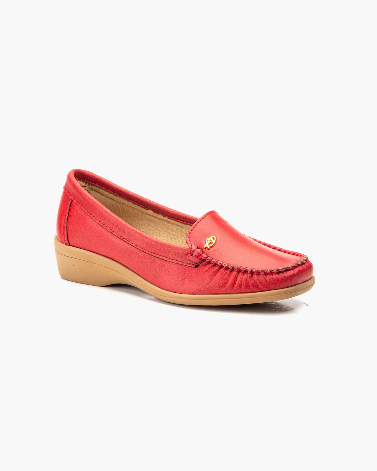 Mocasines de Cuero para Mujer Beige con cuña y Costura Visible - Rojo