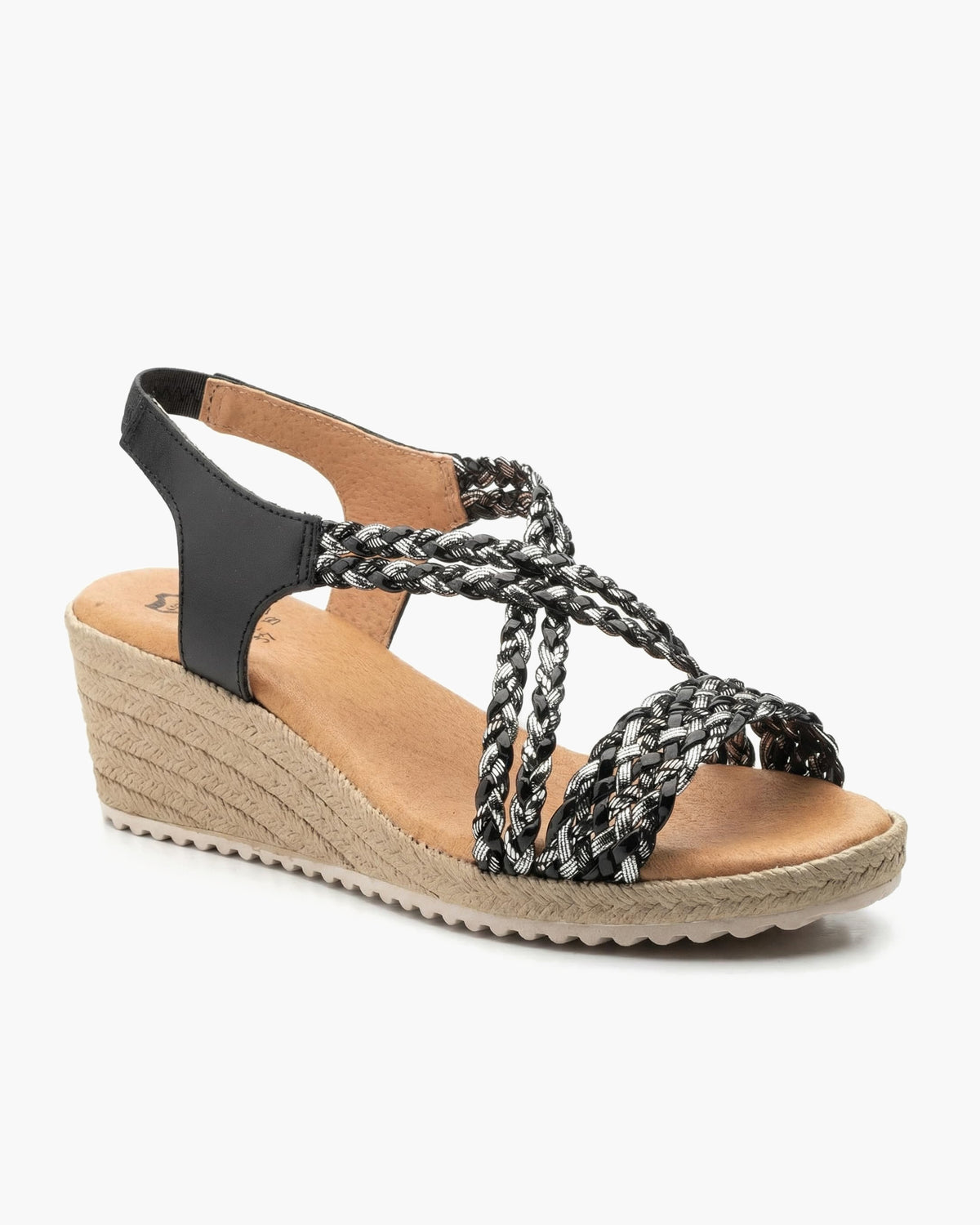 NOESLOMISMO BY DILEMA Sandalias de Cuña de Yute para Mujer Hechas en España - Tiras Trenzadas Metalizadas con Plantilla Ergonómica - Calzado Cómodo y Antideslizante para Uso Diario y Vacaciones - Negro-Plata
