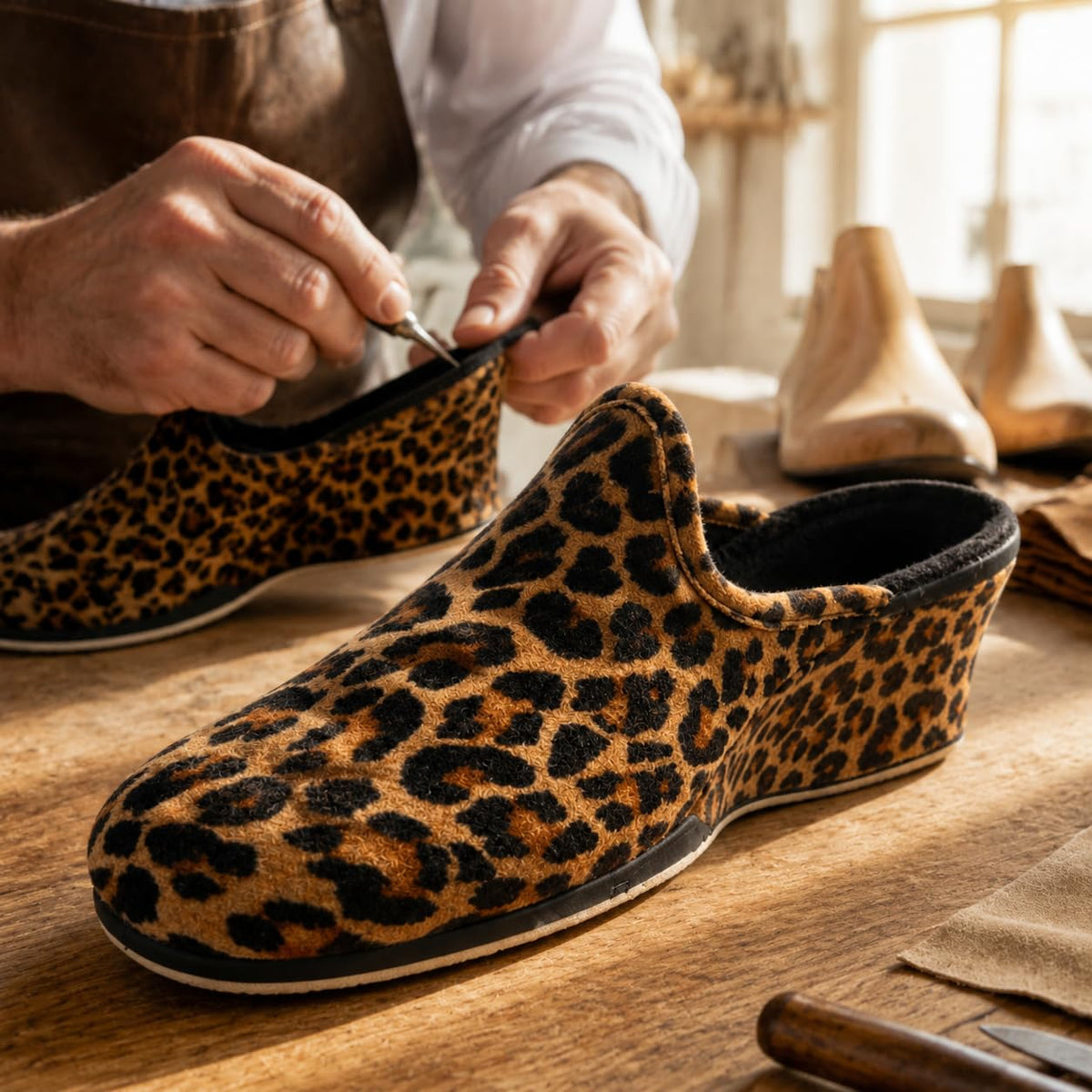 Zapatillas de casa mujer con cuña, puntera cerrada, estampado leopardo - Leopardo