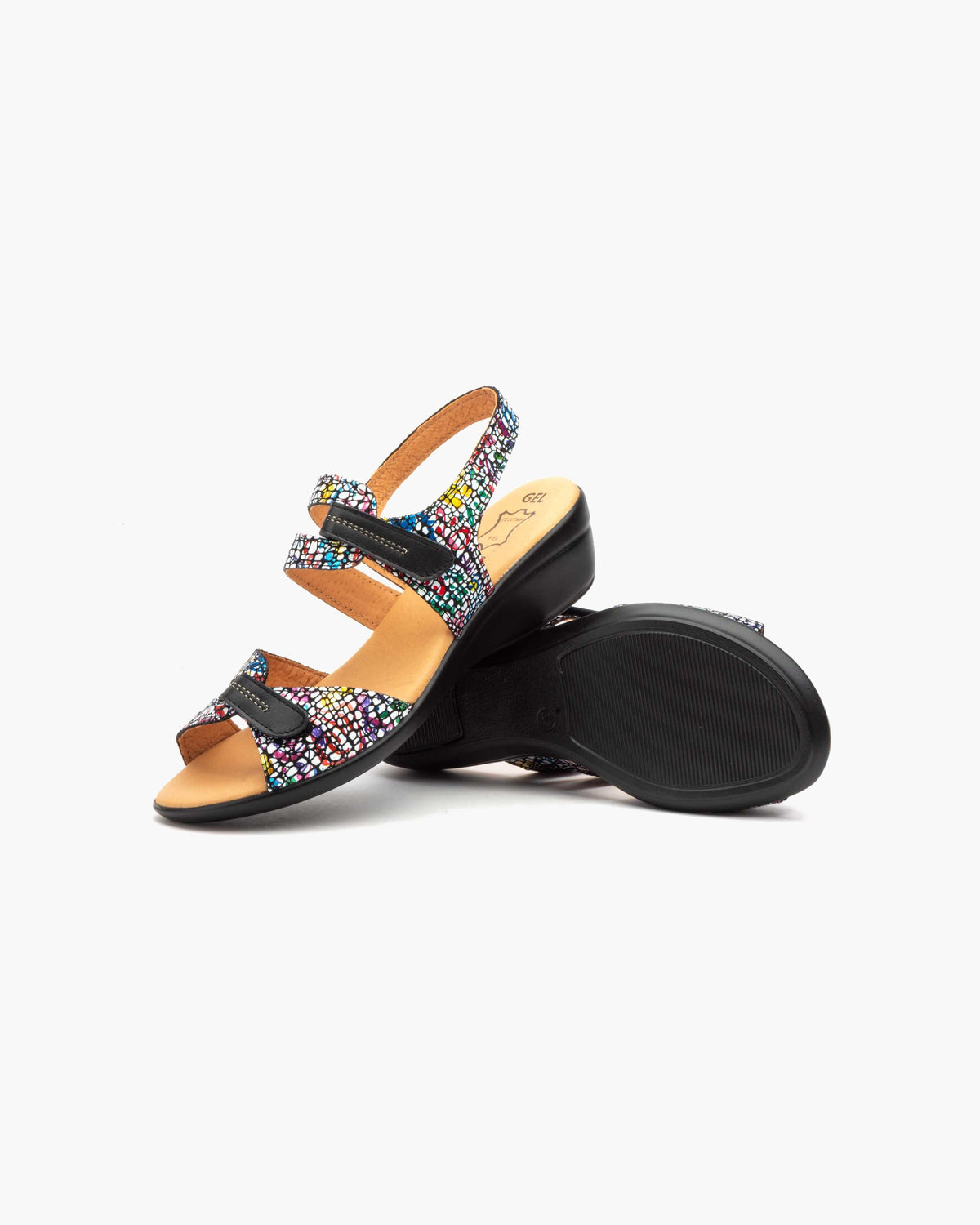 Sandalias de Cuña para Mujer de Piel Auténtica con Cierre de Velcro Verano - Negro
