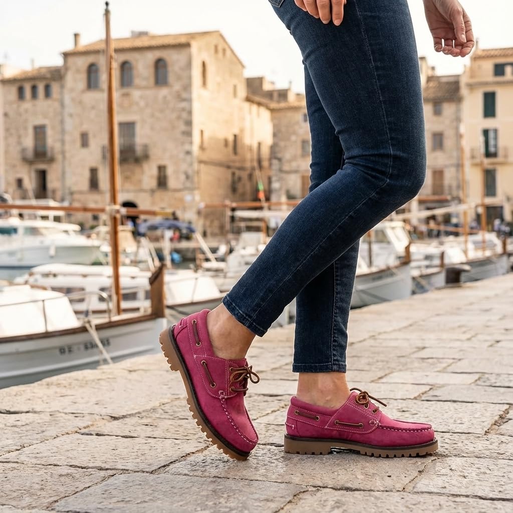 Mocasines para Mujer de Piel cómodos Zapatos clásicos de Vestir y Casual Zapatillas 24 Horas señora Calzado de Verano e Invierno Tipo Penny en Gamuza - Fuxia